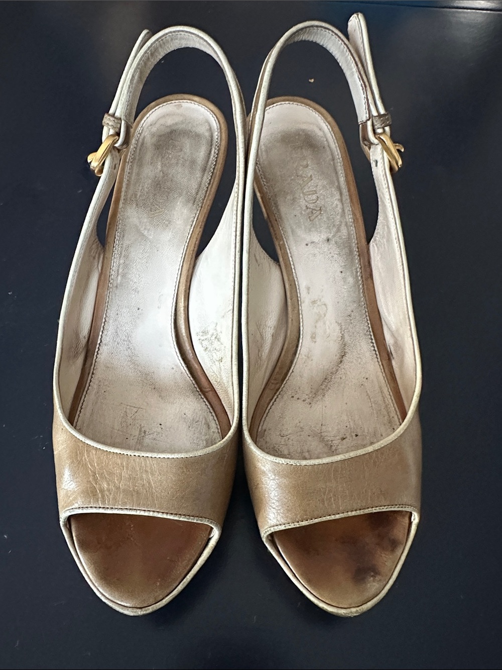 Prada Metallic Gold Brown Peep-Toe Slingback Heels